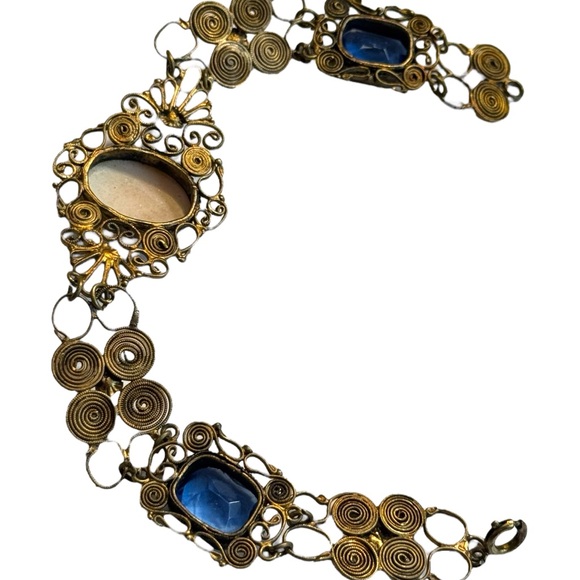 Antique Cantile filagree Blue  paste galss carved Cameo Bracelet art deco - Picture 3 of 8